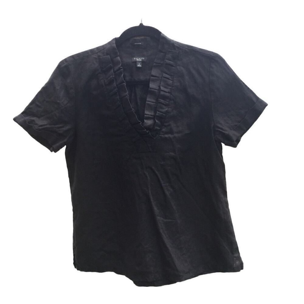 Talbots womens linen short sleeve shirt S ruffle black‎ beachy coastal preppy